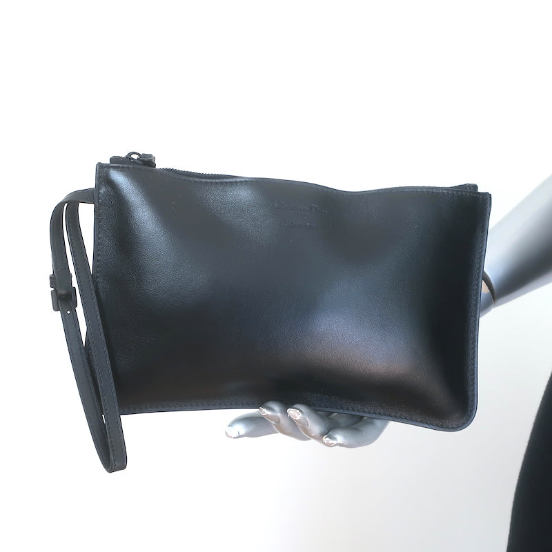 Christian Dior Wristlet Pouch Black Leather Small Clutch