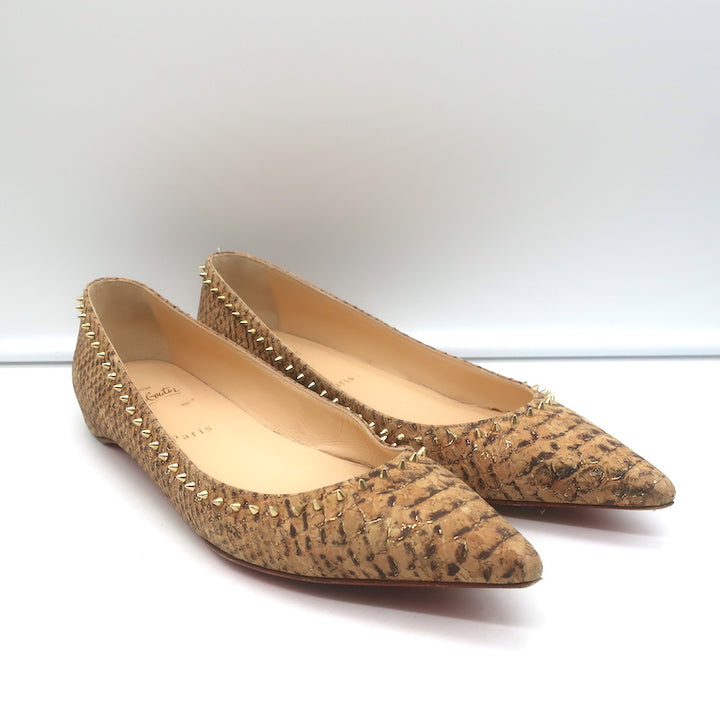 Christian Louboutin Anjalina Studded Snake-Effect Cork Flats Tan Size 39.5