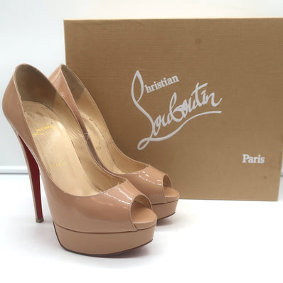 Christian Louboutin Lady Peep 150 Platform Pumps Nude Patent Leather Size 37.5