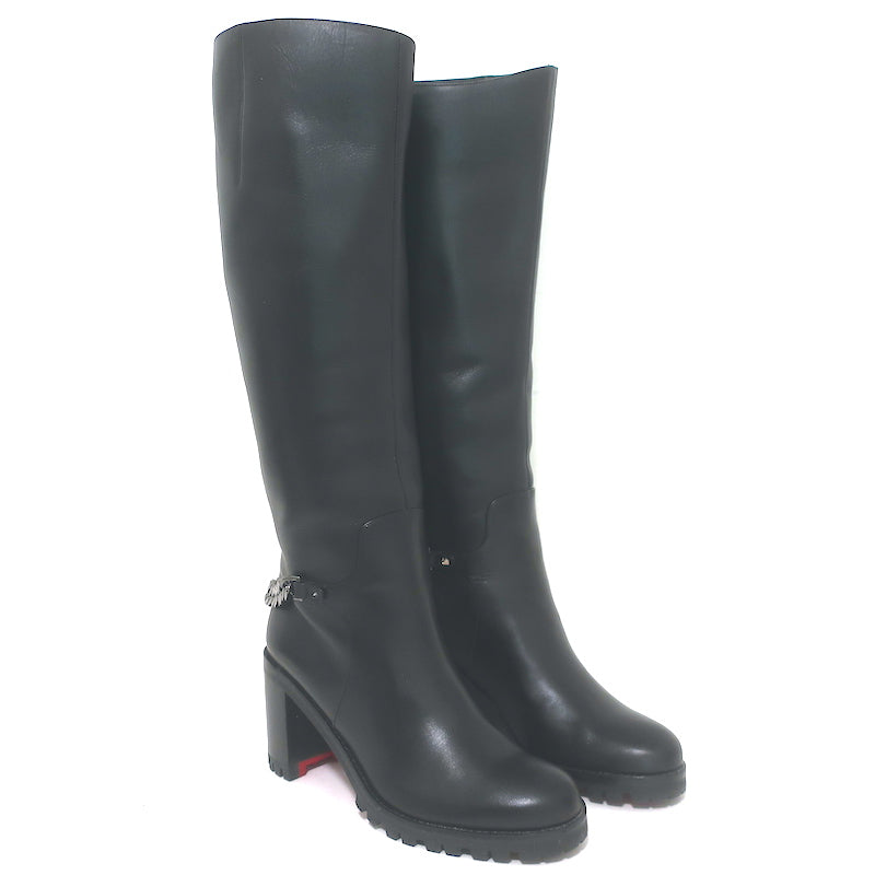 Christian Louboutin Napoleo 70 Knee High Chain Boots Black Leather Size 35