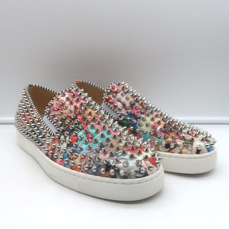 Christian Louboutin Roller Boat Spiked Slip-On Sneakers Printed Patent Size 41.5