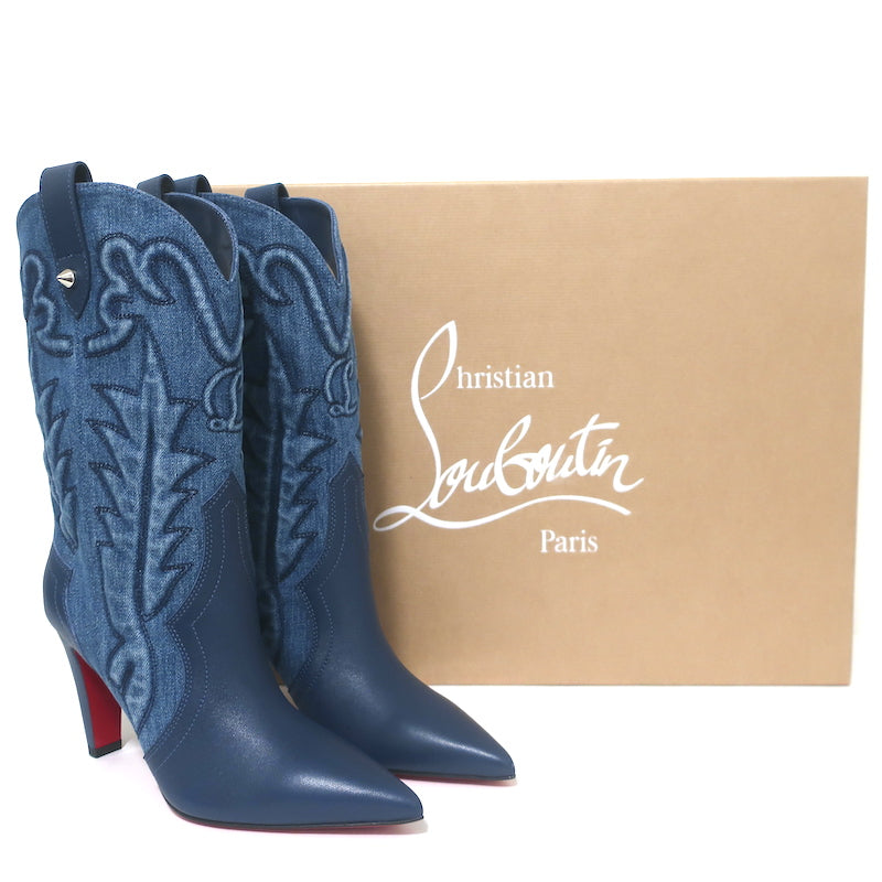 Christian Louboutin Santiabooty Western Boots Blue Denim &amp; Leather Size 36 NEW