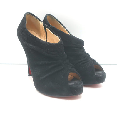 Christian Louboutin Treopli 120 peep-toe booties in black ruched suede, authentic pre-owned, gently worn, size 37