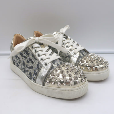 Christian Louboutin Vieira Spike Sneakers Gold Metallic Leopard Print Size 37.5