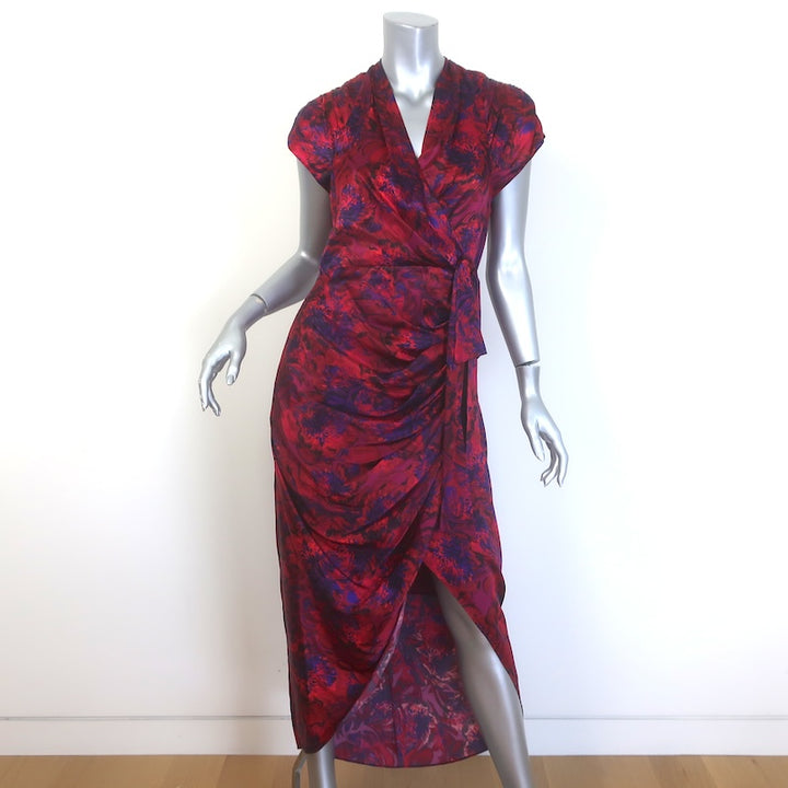Cinq a Sept Gail Draped Wrap-Effect Midi Dress Red Floral Print Silk Size 6