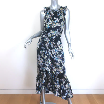 Cinq a Sept Mirna Asymmetric Ruffled Midi Dress Navy Floral Print Silk Size 6