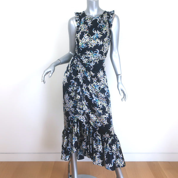 Cinq a Sept Mirna Asymmetric Ruffled Midi Dress Navy Floral Print Silk Celebrity Owned Cinq a Sept Mirna Asymmetric Ruffled Midi Dress Navy Floral Print Silk Celebrity Owned