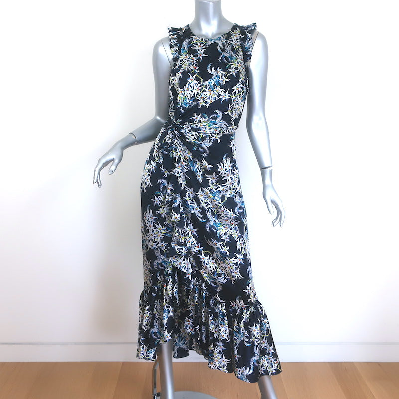Cinq a Sept Mirna Asymmetric Ruffled Midi Dress Navy Floral Print Silk Size 6