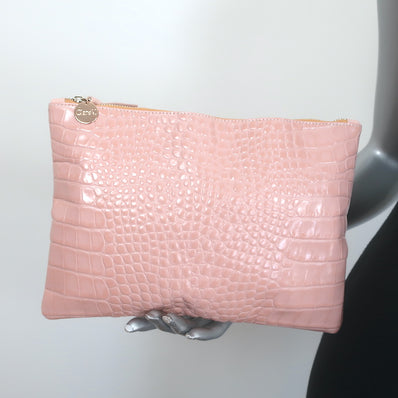 Clare V. Crocodile-Embossed Large Clutch Bag Light Pink Leather NEW