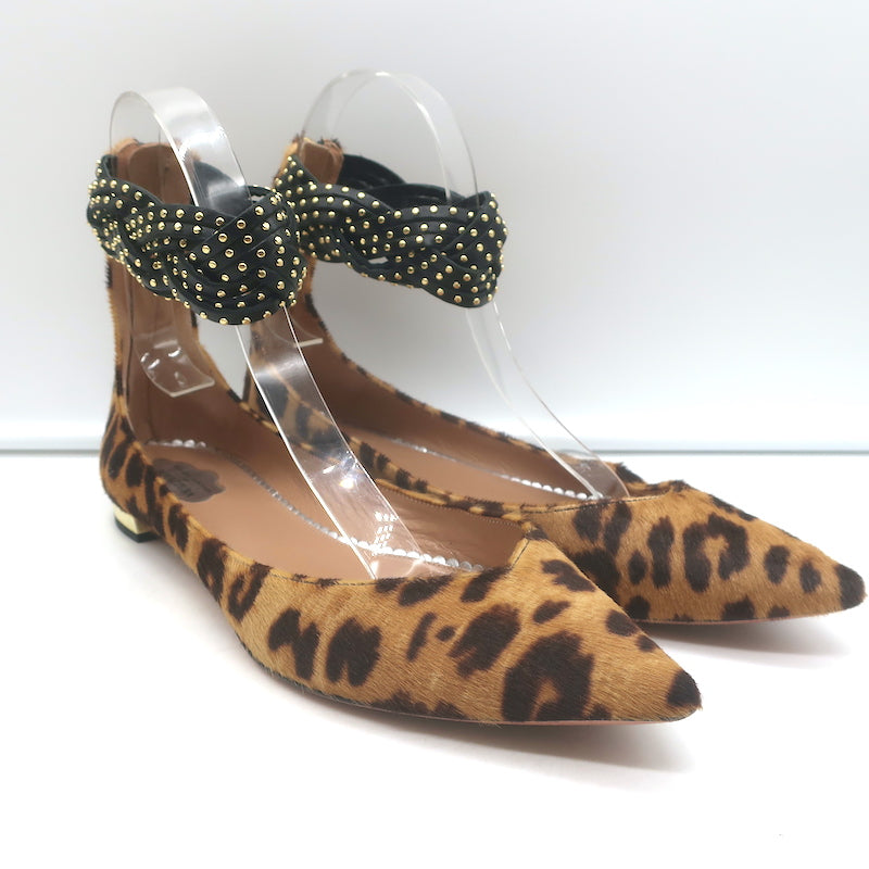 Claudia Schiffer x Aquazzura Studded Ankle Strap Leopard Pony Hair Flats Size 40