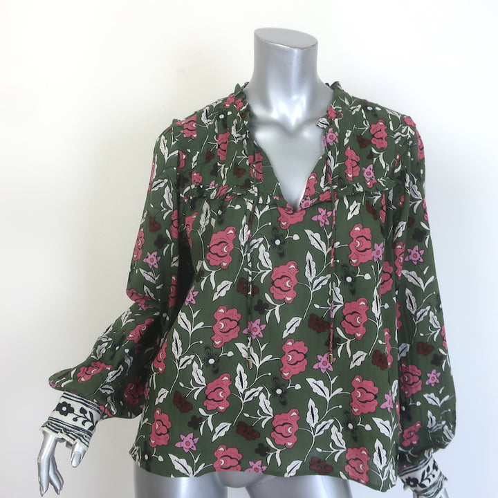 Cleobella Leni Tie-Neck Blouse Dark Green Fiore Print Cotton