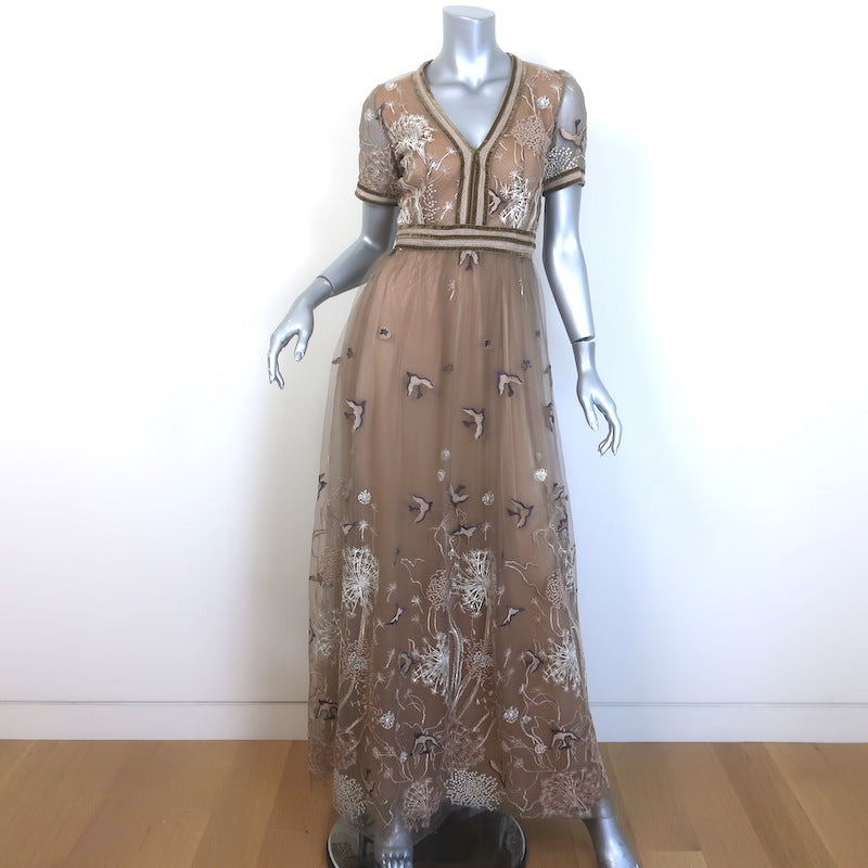 Costarellos Embroidered Tulle Gown Beige Size 40 Short Sleeve Maxi Dress Costarellos Embroidered Tulle Gown Beige Size 40 Short Sleeve Maxi Dress