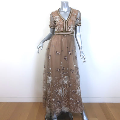 Costarellos Embroidered Tulle Gown Beige Size 40