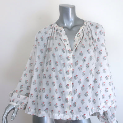 Doen Jane button-up blouse, white block-print cotton long sleeve, size S — authentic pre-owned designer piece