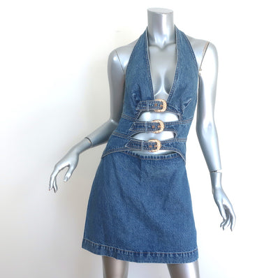Cult Gaia Anice Buckled Cutout Halter Mini Dress Blue Denim Size 10 NEW
