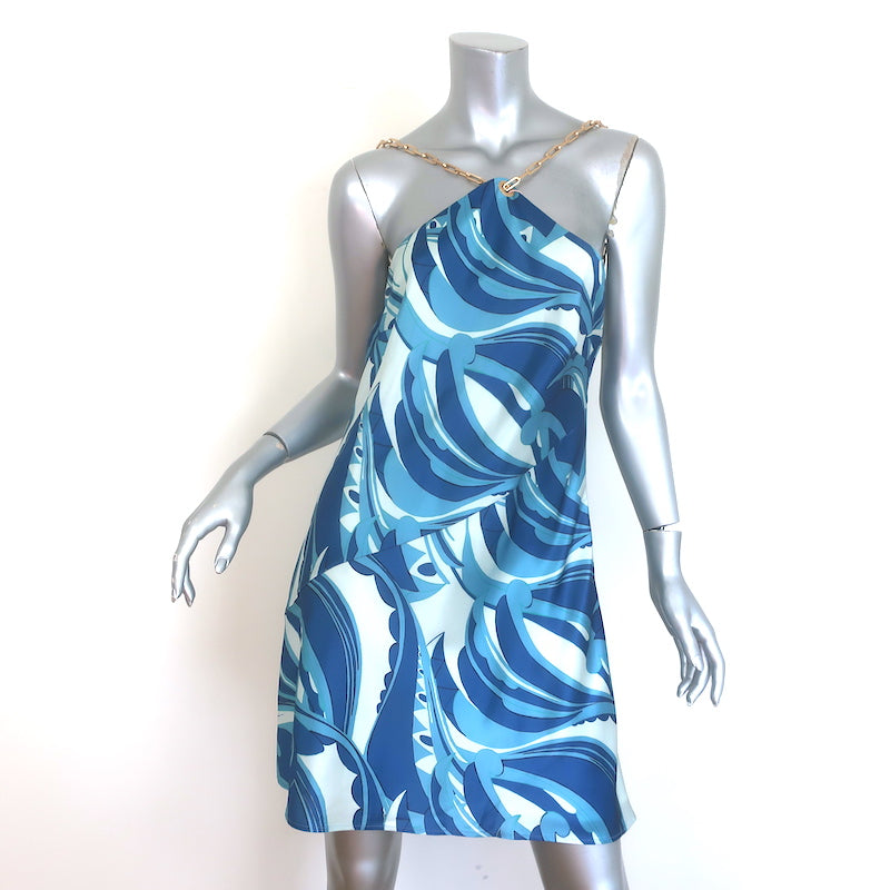 Cult Gaia Minna Chain-Strap Mini Dress Blue Paisley Print Satin Size Medium NEW