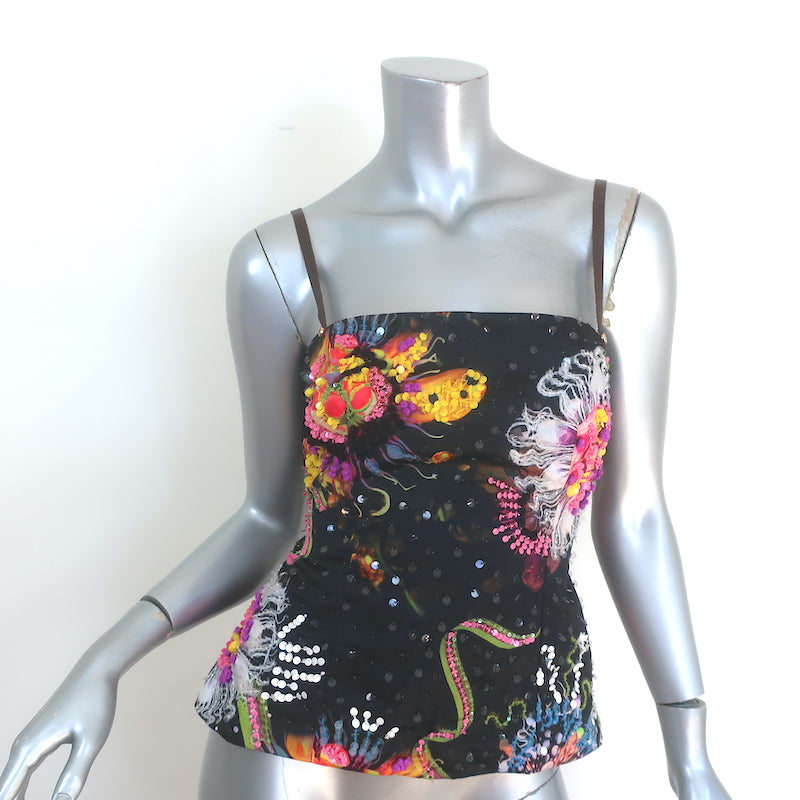 Cynthia Rowley Leather-Tie Sequined Top Black Floral Print Satin Size Small NEW
