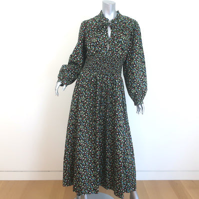 Doen Everly Tie-Neck Maxi Dress Black Floral Print Shirred Cotton Size Large