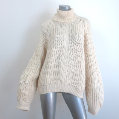 Doen Leighton Oversize Cable Knit Turtleneck Wool Sweater Cream Size Large