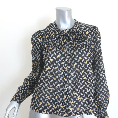 Doen Norma Tie-Neck Blouse Charcoal Leaf Print Voile Size Medium Long Sleeve Top