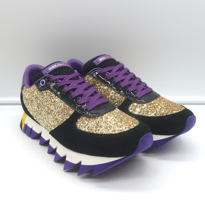 Dolce &amp; Gabbana Capri Gold Glitter Running Sneakers Black Suede Size 37 NEW