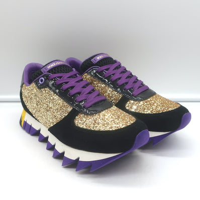 Dolce & Gabbana Capri Gold Glitter Running Sneakers Black Suede Size 37 NEW
