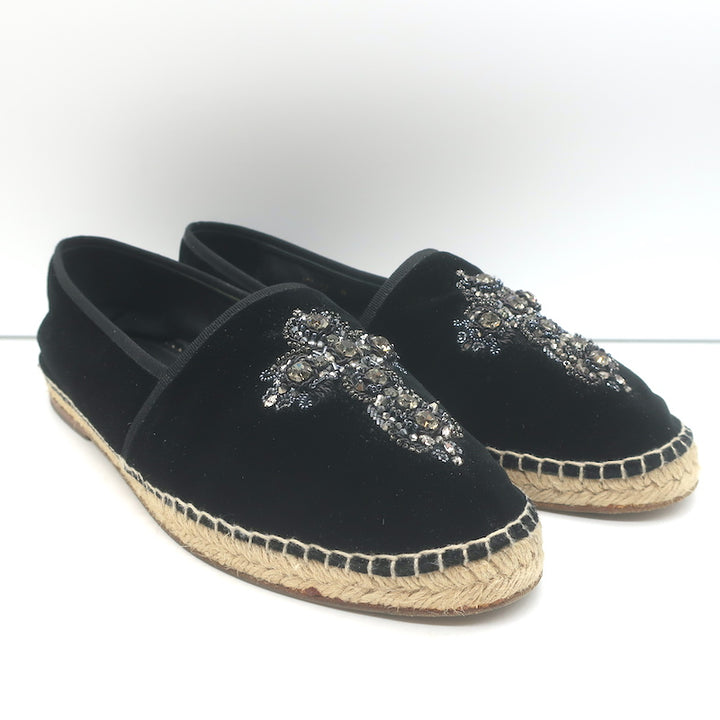 Dolce &amp; Gabbana Crystal Cross-Embroidered Espadrilles Black Velvet Size 9