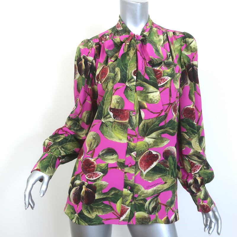 Dolce &amp; Gabbana Fig Print Pussy Bow Blouse Pink Silk Size 44 Long Sleeve Top