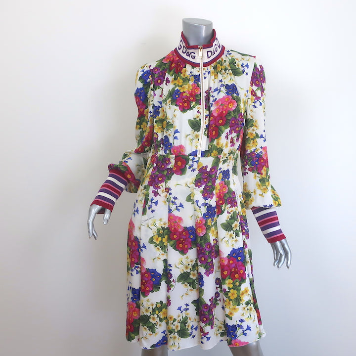 Dolce &amp; Gabbana Long Sleeve High Neck Dress Fiorellini Floral Print Silk Size 44