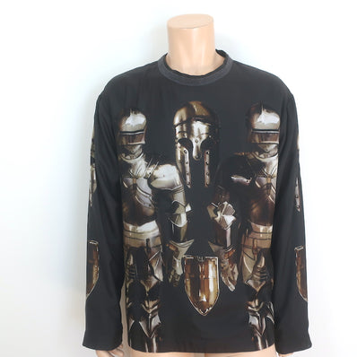 Dolce & Gabbana Medieval Armor Print Long Sleeve Shirt Black Satin Size 52