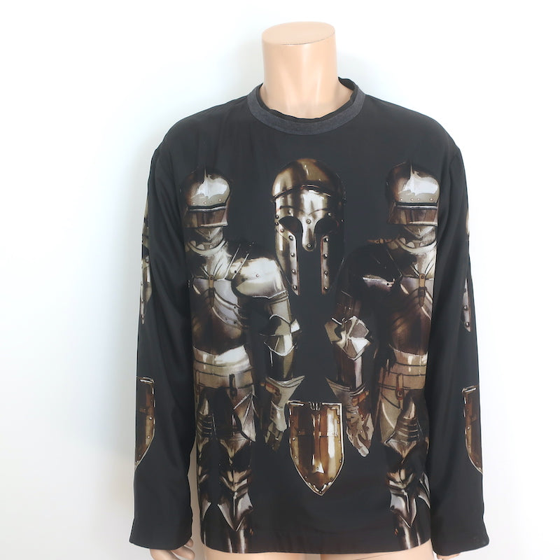 Dolce & Gabbana Medieval Armor Print Long Sleeve Shirt Black Satin Size 52