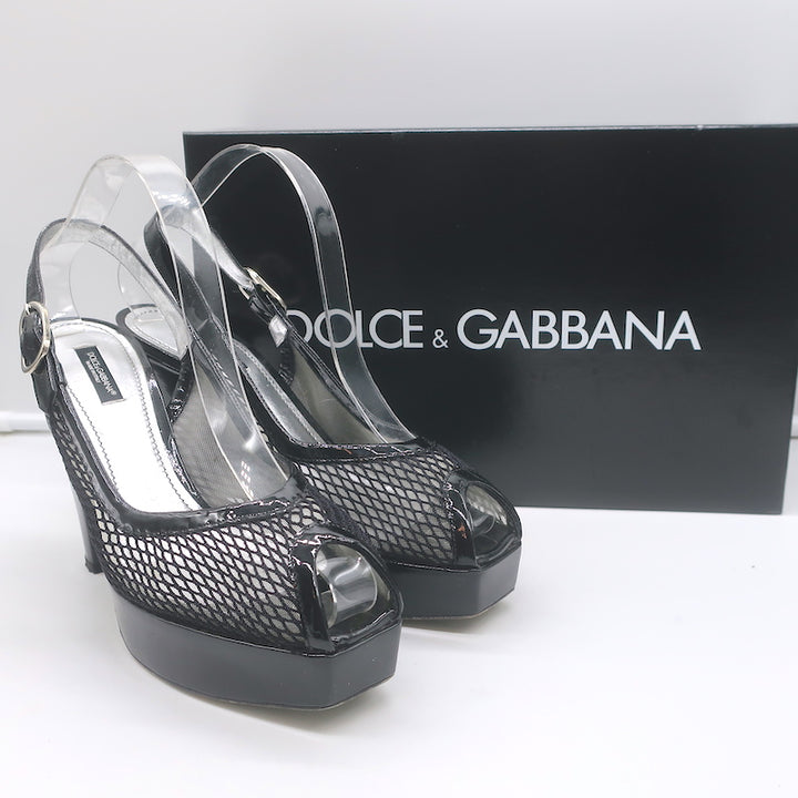 Dolce &amp; Gabbana Mesh Platform Slingback Pumps Black Patent Leather Size 40