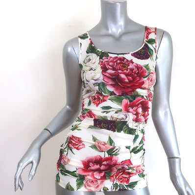 Dolce & Gabbana Peony Print Ruched Tank Top White/Multi Stretch Silk Size 36