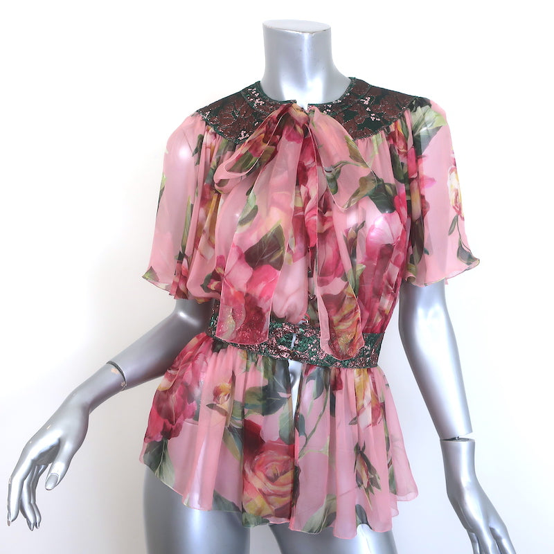 Dolce & Gabbana Pussy Bow Blouse Jacquard-Trim Pink Floral 