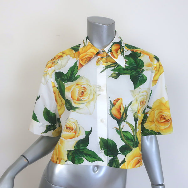 Dolce & Gabbana Rose Print Cropped Shirt White/Yellow Cotton Size 40 – Celebrity Owned Dolce & Gabbana Rose Print Cropped Shirt White/Yellow Cotton Size 40 – Celebrity Owned