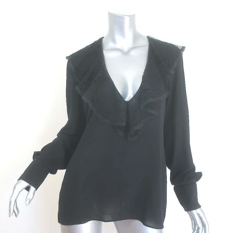 Dolce &amp; Gabbana Ruffled Lace Blouse Black Stretch Silk Size 46 Long Sleeve Top