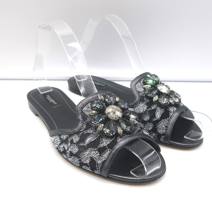 Dolce &amp; Gabbana Sofia Crystal-Embellished Lace Slides Gunmetal Leather Size 38