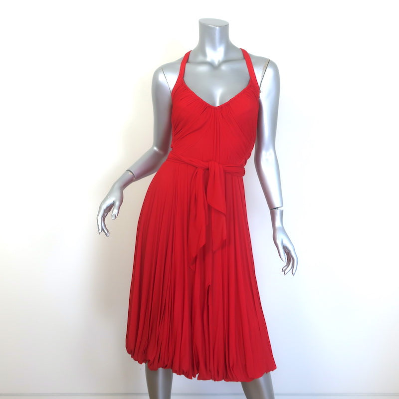 Donna Karan Tie-Waist Bubble Hem Dress Poppy Red Stretch Jersey Size P – Celebrity Owned