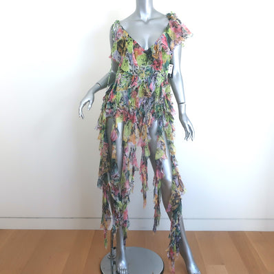 Dries Van Noten Asymmetric Ruffle Top Multicolor Printed Chiffon Size 40 NEW