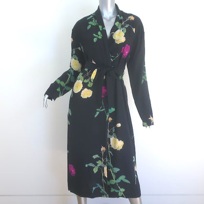 Dries Van Noten Denti Tie-Waist Kimono Dress Black Floral Print Silk Size 38