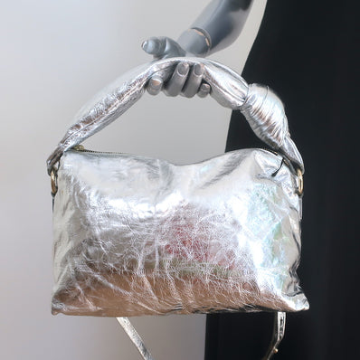 Dries Van Noten Silver Metallic Crinkled Leather Medium Crossbody Shoulder Bag