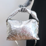 Dries Van Noten Silver Metallic Crinkled Leather Medium Crossbody Shoulder Bag