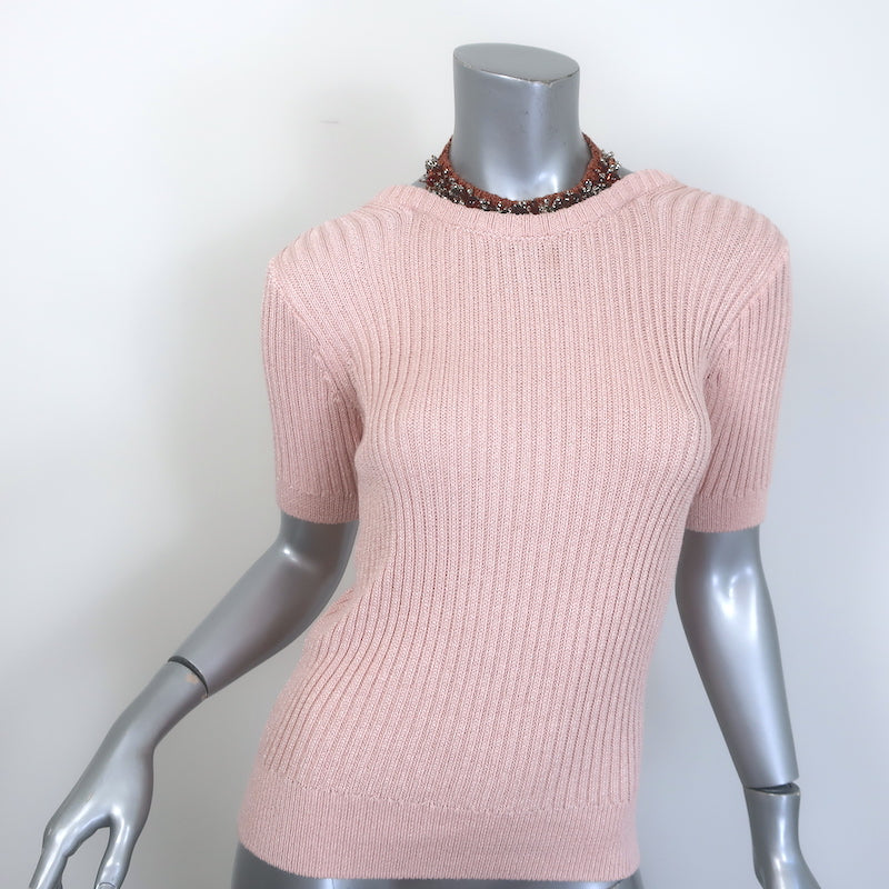 Dries Van Noten Tonia Jeweled-Neck Short Sleeve Sweater Pink 