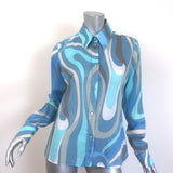 Emilio Pucci Marmo Print Shirt Blue Cotton Voile Size US 8 Long Sleeve Top