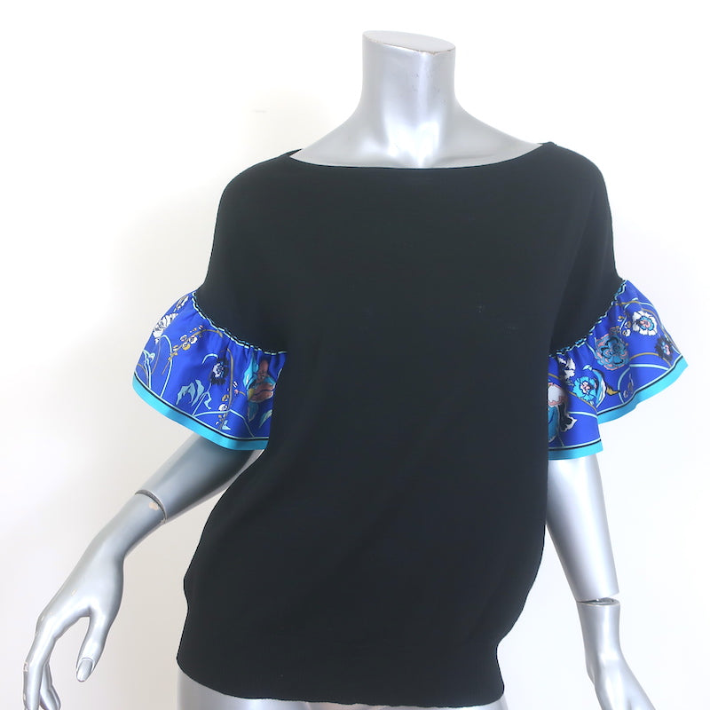 Emilio Pucci ruffled silk-sleeve knit top, black virgin wool, pre-owned luxury, size S