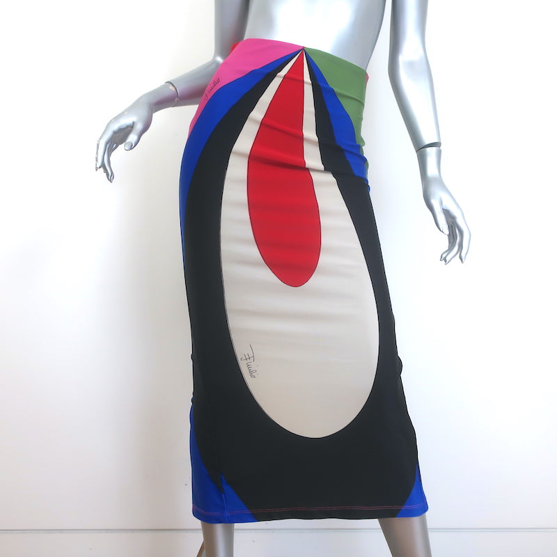 Emilio Pucci midi skirt in multicolor goccia print stretch jersey, zip-back, pre-owned authentic luxury, size Small