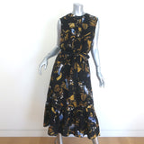 Erdem Cecilia Bird Print Belted Ruffled Midi Dress