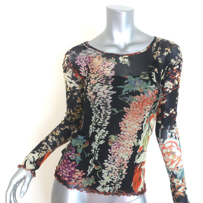 Etro Floral Print Mesh Long Sleeve Top Black Size 44