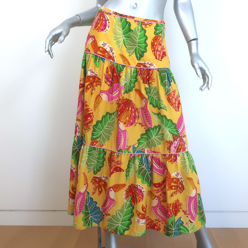 FARM Rio Beaks And Bananas Tiered Midi Skirt Yellow Linen-Blend Size Small