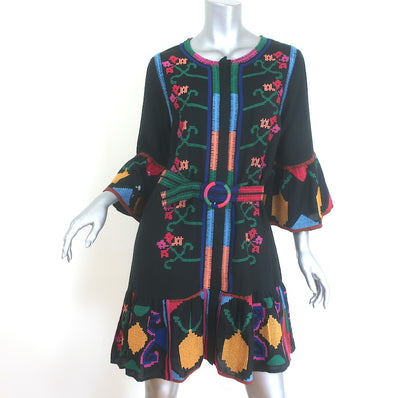 FARM Rio Jimena cross-stitch embroidered mini dress in black — gently worn, pre-owned designer piece, size M